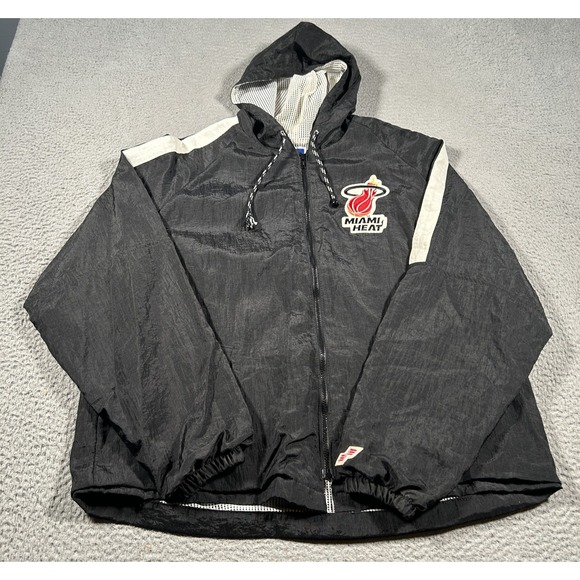 Vintage Miami Heat Jacket Mens Large Black Mesh Lined Hooded Windbreaker 90s - Picture 1 of 10